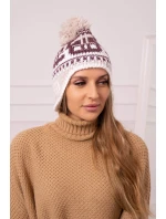 Dámská čepice s bambulí Rosa K368 vínová+bílá+béžová Dámská čepice s bambulí Rosa K368 vínová+bílá+béžová