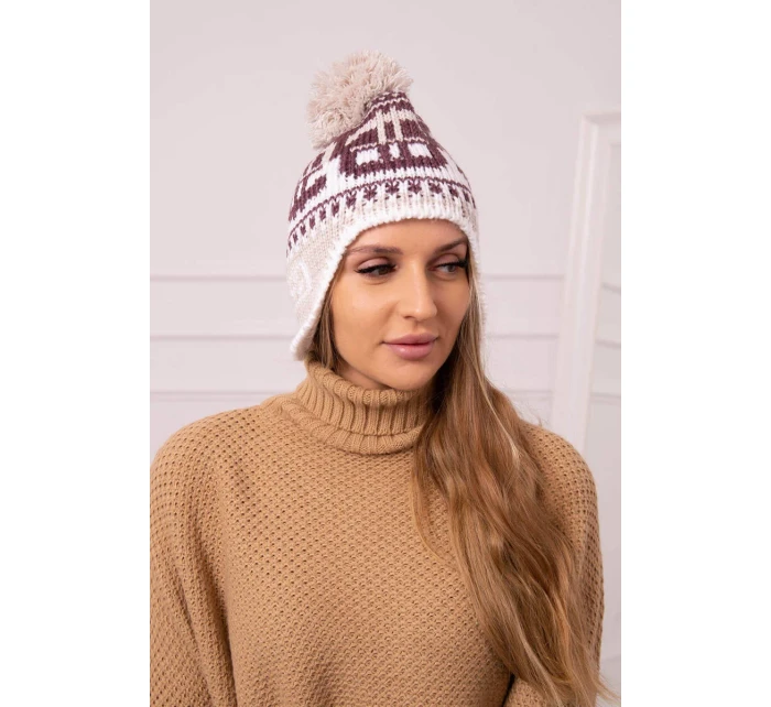 Dámská čepice s bambulí Rosa K368 vínová+bílá+béžová Dámská čepice s bambulí Rosa K368 vínová+bílá+béžová