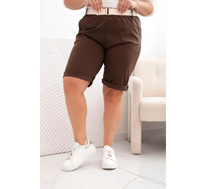 Dámské bavlněné šortky Plus Size s páskem hnědý Dámské bavlněné šortky Plus Size s páskem hnědý