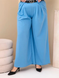 Dámské kalhoty Plus Size viskózové s širokým nohavicí a páskem modré