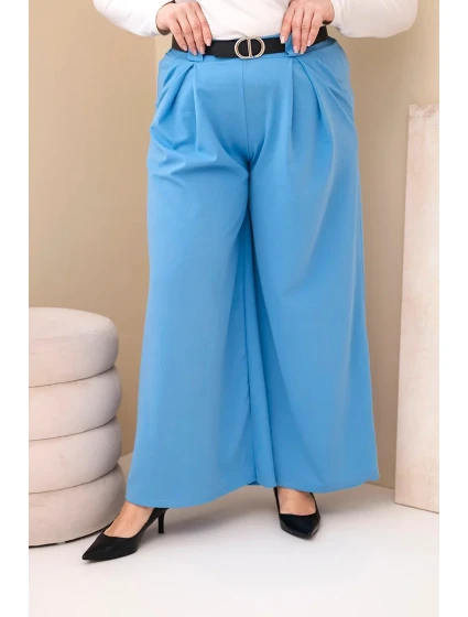 Dámské kalhoty Plus Size viskózové s širokým nohavicí a páskem modré Dámské kalhoty Plus Size viskózové s širokým nohavicí a páskem modré