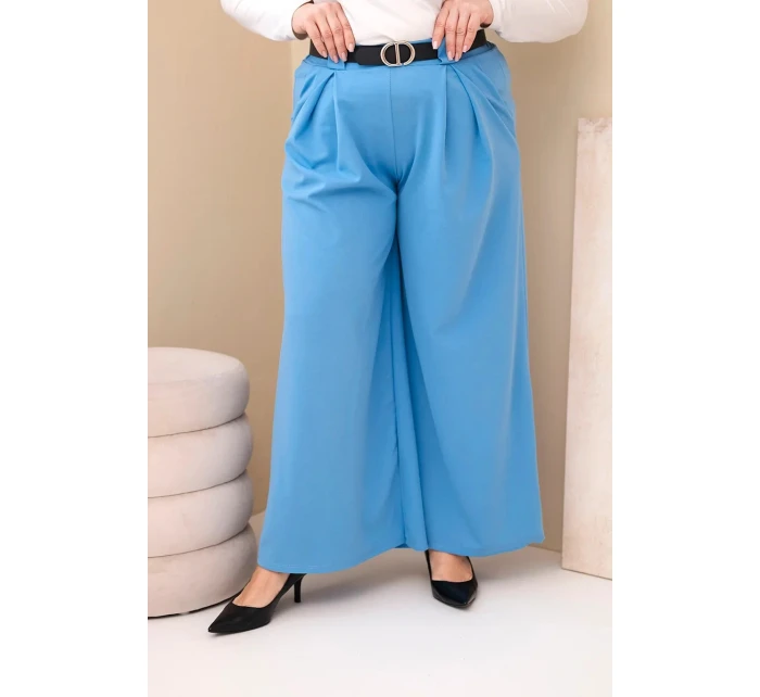 Dámské kalhoty Plus Size viskózové s širokým nohavicí a páskem modré Dámské kalhoty Plus Size viskózové s širokým nohavicí a páskem modré
