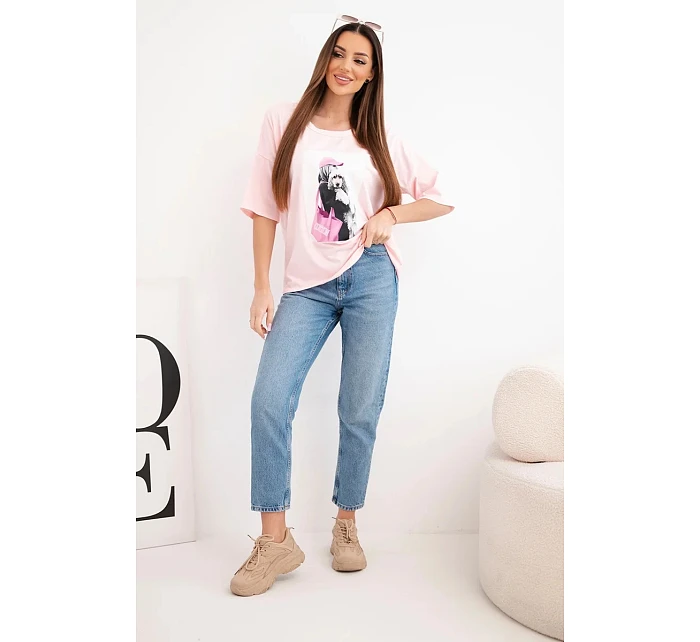 Dámská bavlněná oversize halenka s krátkým rukávem a módním potiskem pudrově růžová