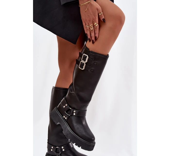 Kožené dámské kozačky s přezkami zateplené Big Star model 21758949 černé - Big Star Shoes Kožené dámské kozačky s přezkami zateplené Big Star model 21758949 černé - Big Star Shoes