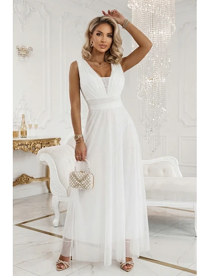 Dlouhé maxi šaty s a hlubokým výstřihem ecru barva model 22079727 - numoco basic Dlouhé maxi šaty s a hlubokým výstřihem ecru barva model 22079727 - numoco basic