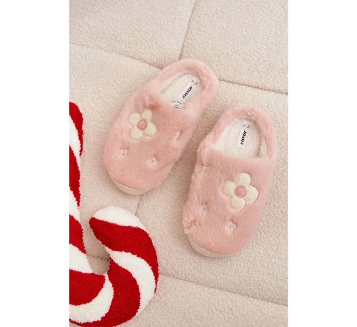 Dámské chlupaté papuče s květinami – růžové Selinne Dámské chlupaté papuče s květinami – růžové Selinne