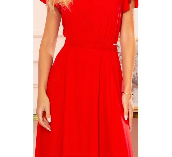310-2 LIDIA dlouhé šaty s výstřihem a volánky - ČERVENÉ