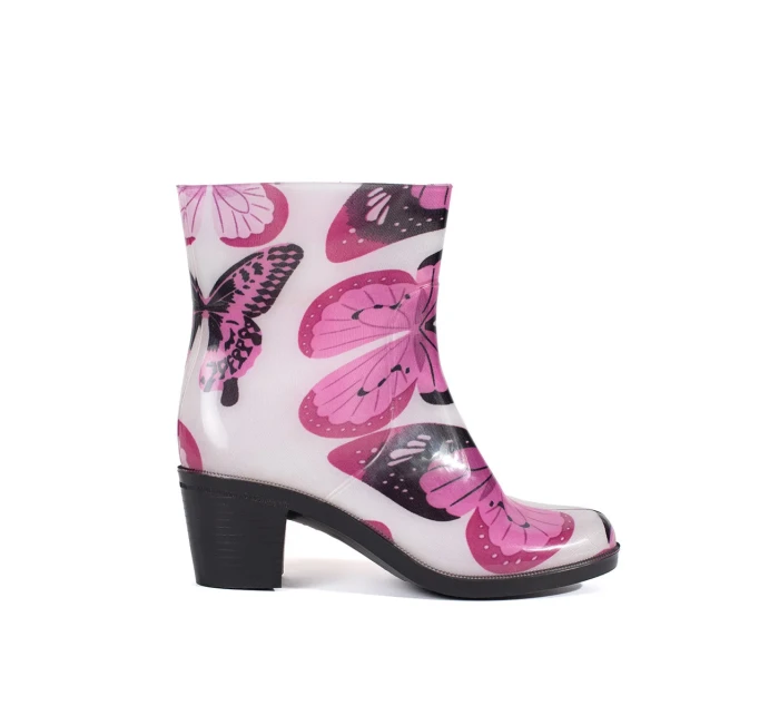 Pěkné Biało-różowy gumáky dámské na širokém podpatku Pěkné Biało-różowy gumáky dámské na širokém podpatku