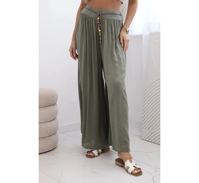 Dámské kalhoty z viskózy se širokými nohavicemi khaki