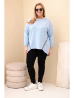 Dámská košile Plus Size bavlněná s ohrnovaným rukávem a leopardím pruhem modrá