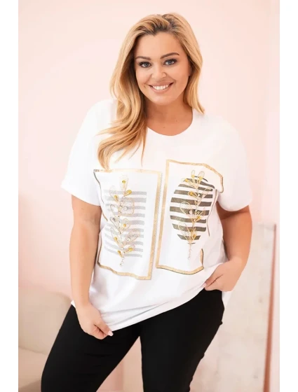 Dámská bavlněná halenka Plus Size s kamínky bílá + khaki