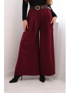 Dámské kalhoty s širokou nohavicí a páskem bordové