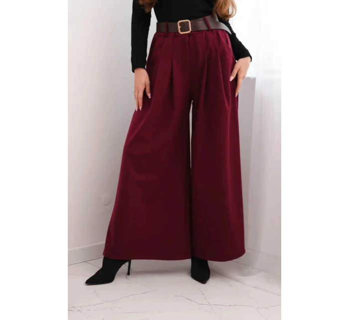 Dámské kalhoty s širokou nohavicí a páskem bordové Dámské kalhoty s širokou nohavicí a páskem bordové