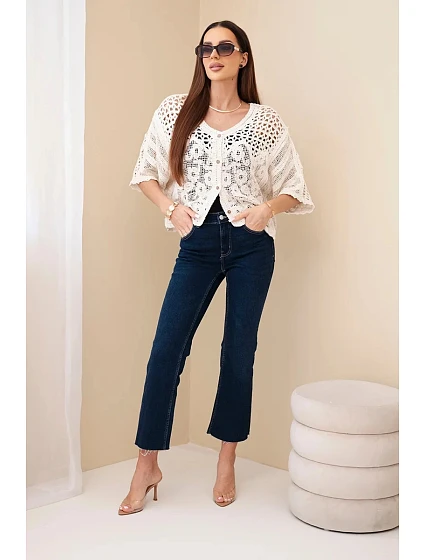 Dámský bavlněný prolamovaný svetr model 22122078 na knoflíky s krátkým rukávem béžový - K-Fashion