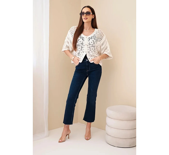 Dámský bavlněný prolamovaný svetr zapínaný na knoflíky s krátkým rukávem béžový