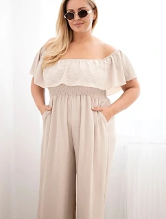 Dámský overal Plus Size s volánem a krátkým rukávem béžový