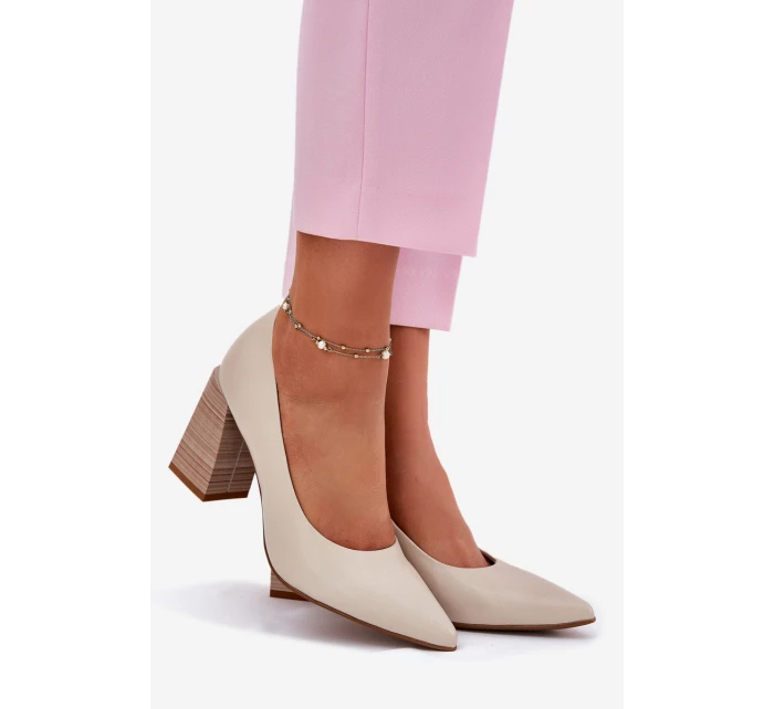 Kožené lodičky na podpatku béžové model 21697010 - EVENTO