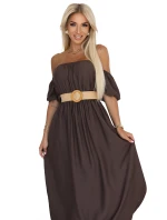 model 21229982 Maxi šaty v boho stylu s odhalenými rameny a páskem CHOCOLATE - numoco basic