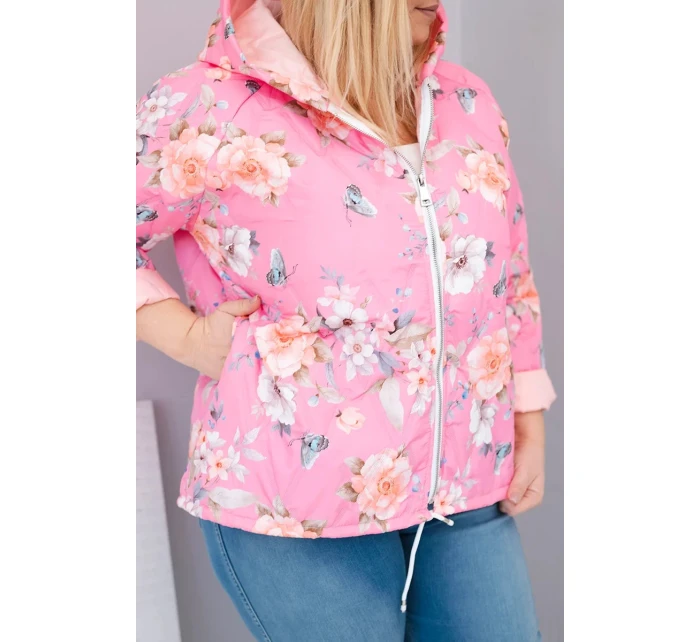 Dámská jarní prošívaná bunda Plus Size s kapucí a květinovým vzorem světle růžová