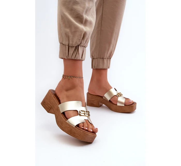 model 21661380 Kožené Elegantní Dámské Žabky S Ozdobou Zlaté - Zazoo