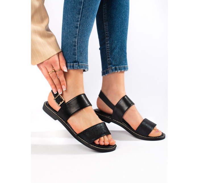 Originální černé  sandály dámské na plochém podpatku