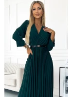 Dámské plisované maxi šaty v lahvově zelené barvě s výstřihem, opaskem a 3/4 rukávy model 22124213 - numoco basic