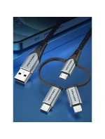 Vention USB-A 3v1 Micro-B USB-C Lightning kabel 1m šedý