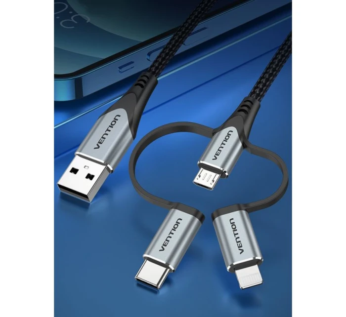 Vention USB-A 3v1 Micro-B USB-C Lightning kabel 1m šedý