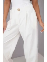 Dámské bavlněné kalhoty s vysokým pasem a ozdobným knoflíkem ecru