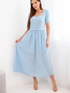 Dámské bavlněné midi šaty s krátkým rukávem a rozšířeným spodkem modrá