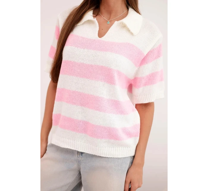Dámský pruhovaný svetr s límcem a krátkým rukávem ecru