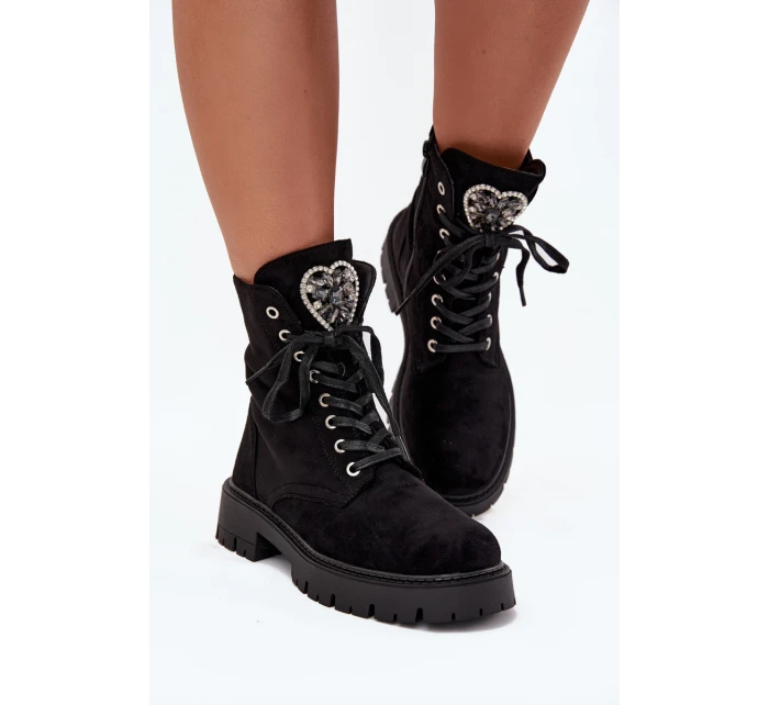 Boty Pracovní S Bižuterními Doplňky Zateplené Eko Semišové Černé Miryssa