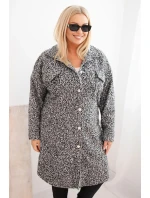 Dámský kabát Plus Size s vlnou zapínaný na knoflíky s kapsami a límcem grafitový melír