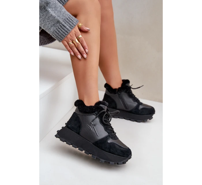 Kožené Sneakersy Kotníkové Dámské S Kožíškem Na Platformě Big Star model 21680223 Černé - Big Star Shoes Kožené Sneakersy Kotníkové Dámské S Kožíškem Na Platformě Big Star model 21680223 Černé - Big Star Shoes