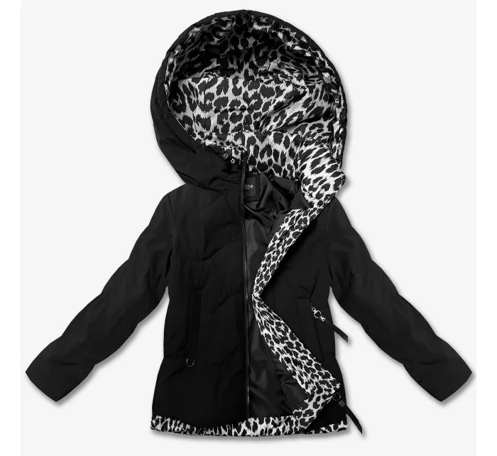 Krátká černá dámská volná bunda s panteřím motivem Miss model 21032325 - Miss TiTi Krátká černá dámská volná bunda s panteřím motivem Miss model 21032325 - Miss TiTi