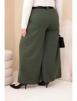 Dámské kalhoty Plus Size viskózové s širokou nohavicí a páskem khaki Dámské kalhoty Plus Size viskózové s širokou nohavicí a páskem khaki