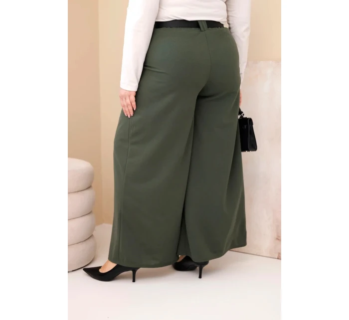 Dámské kalhoty Plus Size viskózové s širokou nohavicí a páskem khaki Dámské kalhoty Plus Size viskózové s širokou nohavicí a páskem khaki