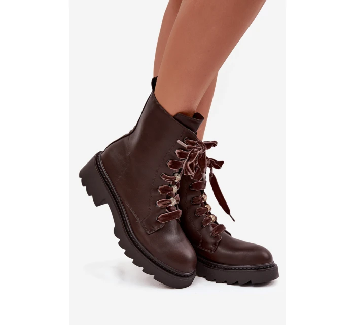 dámské boty s ozdobným šněrováním čokoládové model 21715070 - Boto