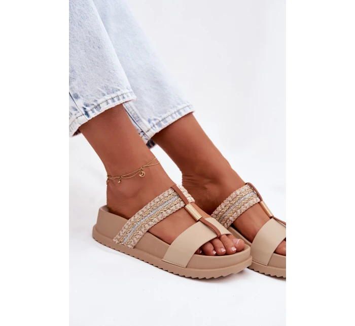Dámské platformové pantofle se pásky a zlatým detailem Béžové Tahlia