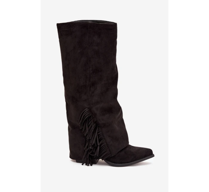 Wsuwane dámské kovbojky na sloupku s třásněmi Zalia – černé Wsuwane dámské kovbojky na sloupku s třásněmi Zalia – černé