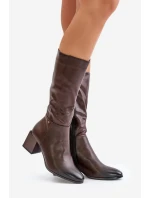 Zateplené kozačky na podpatku z eko kůže do  hnědé model 21675686 - Boto