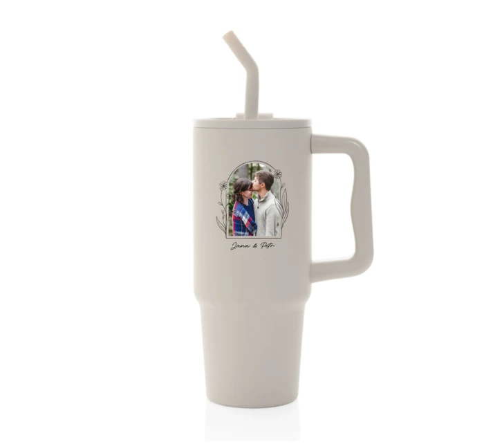 Personalizovaná termoska s barevným víčkem s květinovým ohraničením 