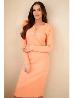 Dámská bavlněná šaty s dlouhým rukávem a dekoltem na knoflíky meruňková