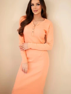 Dámská bavlněná šaty s dlouhým rukávem a dekoltem na knoflíky meruňková