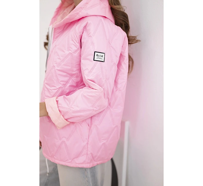 Dámská jarní prošívaná bunda s kapucí a zipem cukrově růžová