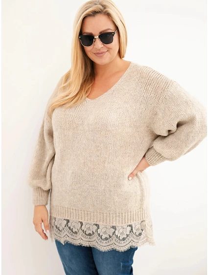 Dámský svetr Plus Size s krajkovým spodkem tmavý béžový Dámský svetr Plus Size s krajkovým spodkem tmavý béžový