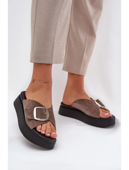 Dámské Zamszové Klapky S Přezkou Na Platformě Hnědé Zazoo 3019