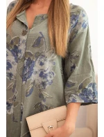 Dámská bavlněná šaty s květinovým vzorem a 3/4 rukávem khaki