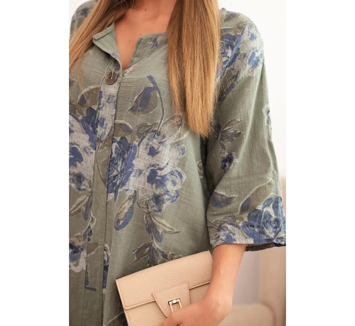 Dámská bavlněná šaty s květinovým vzorem a 3/4 rukávem khaki