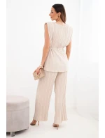 Dámský viskózový komplet s halenkou a širokými kalhotami béžový model 22025290 - K-Fashion Dámský viskózový komplet s halenkou a širokými kalhotami béžový model 22025290 - K-Fashion